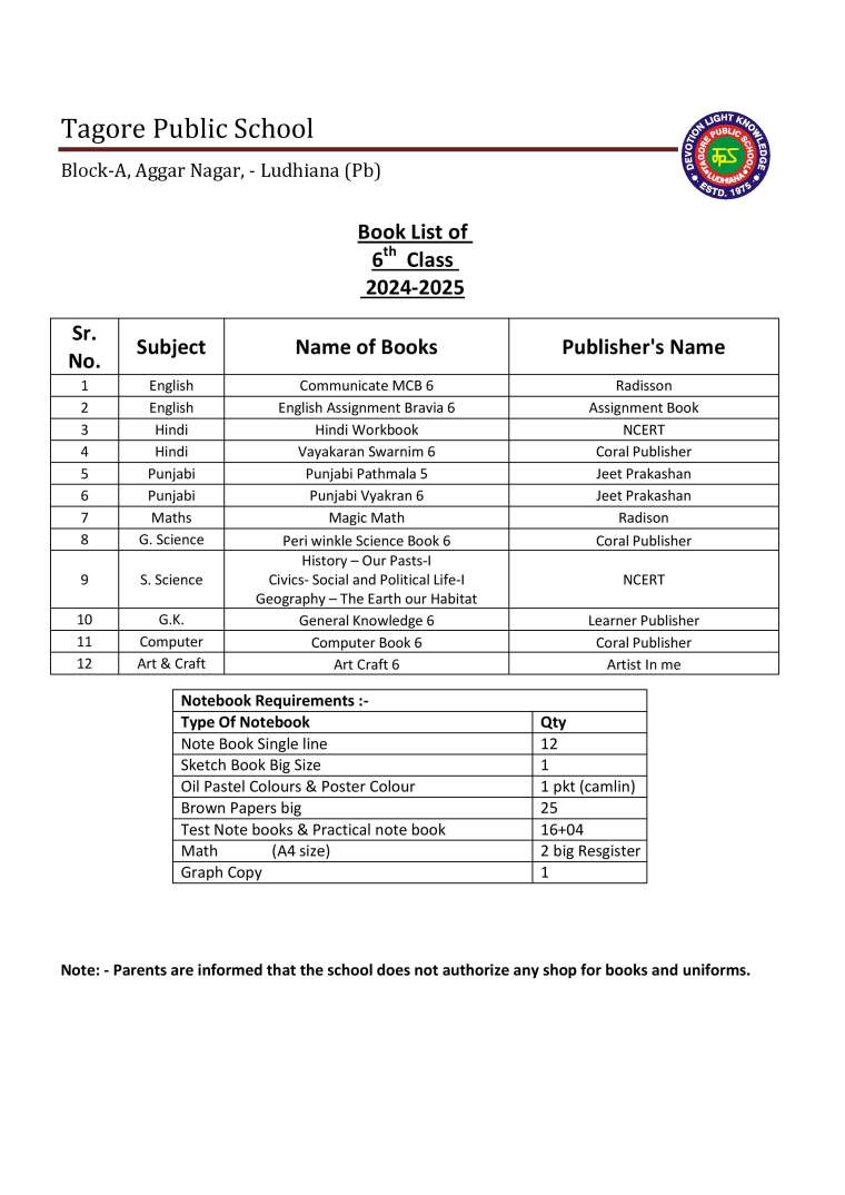 Book List of 6th  Class 2024-2025