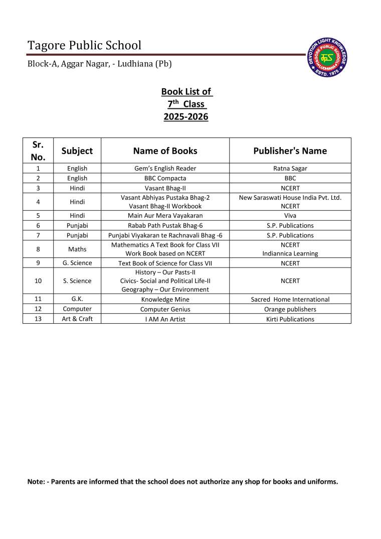 Book List of 7th  Class 2025-2026