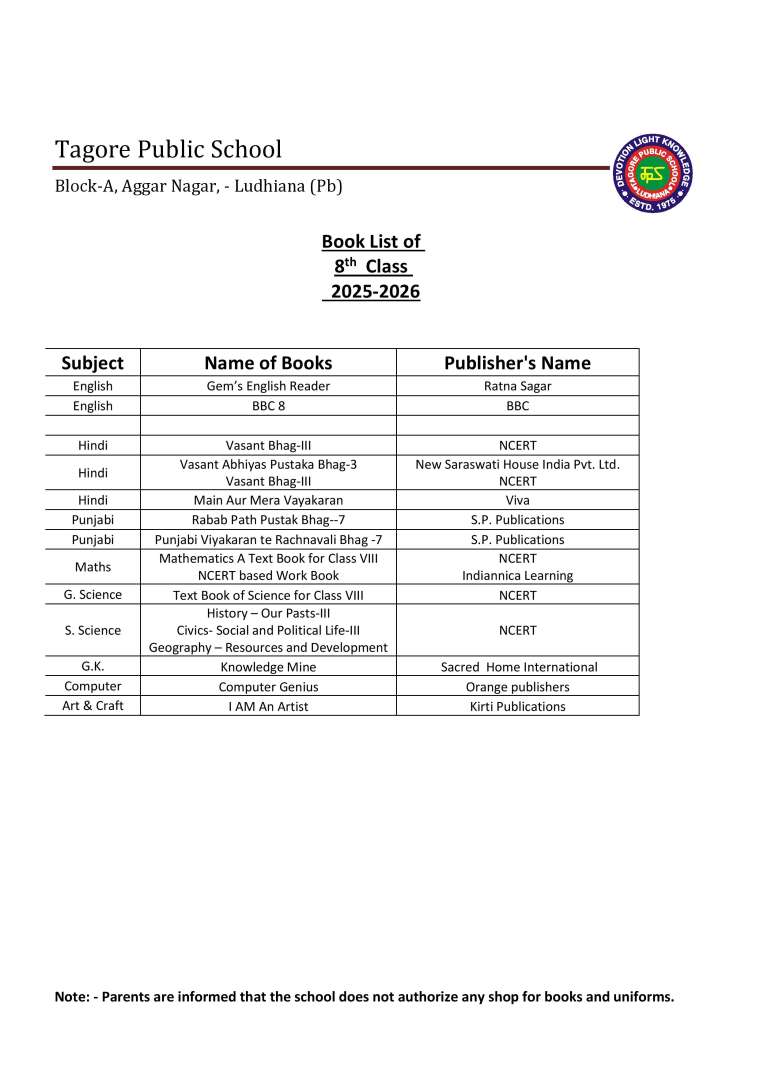 Book List of 8th  Class 2025-2026