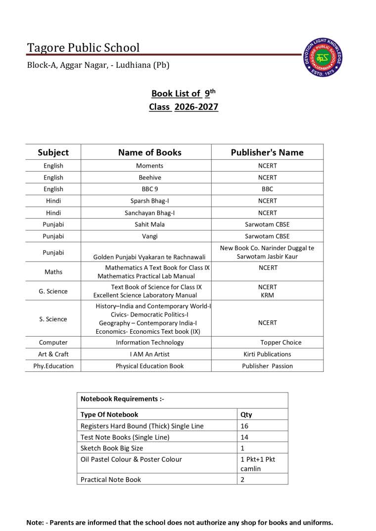 Book List of 9th  Class 2026-2027