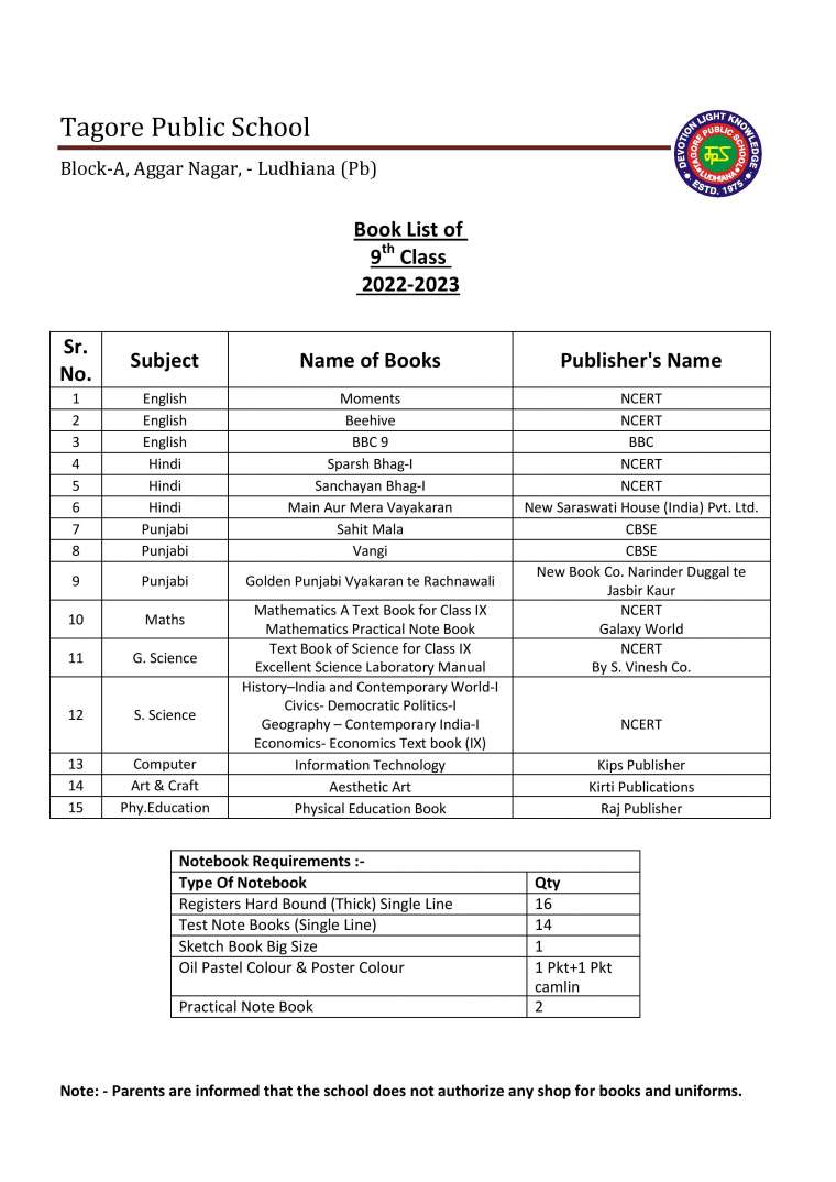 Book List of 9th  Class 2022-2023