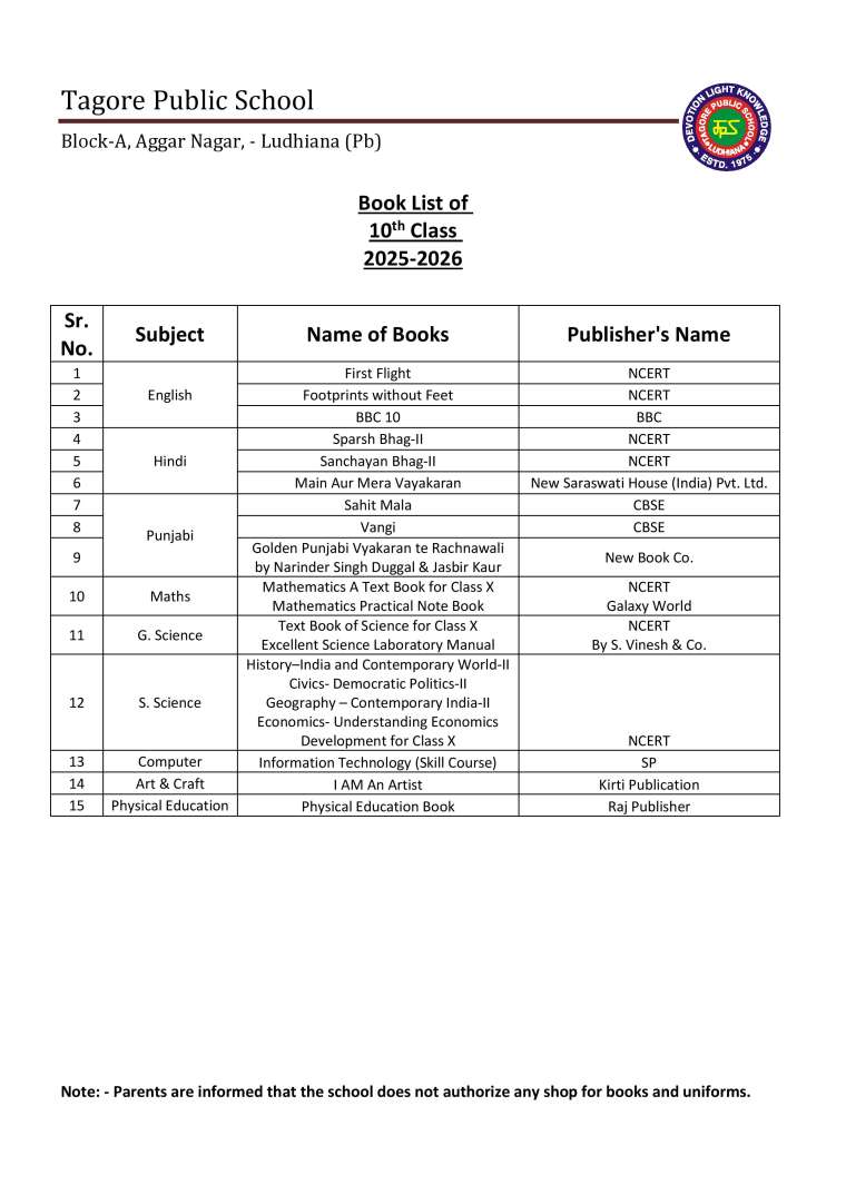 Book List of 10th  Class 2025-2026