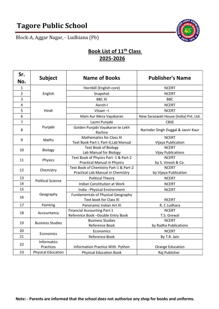 Book List of 11th  Class 2025-2026