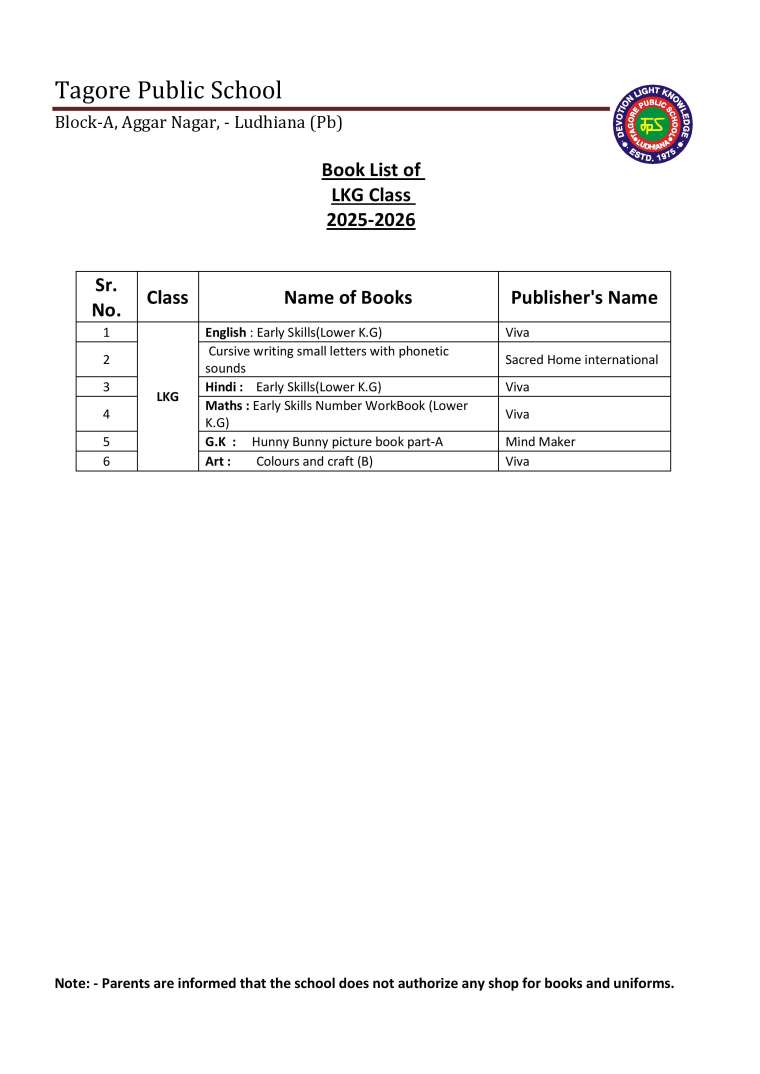 Book List of LKG Class 2025-2026