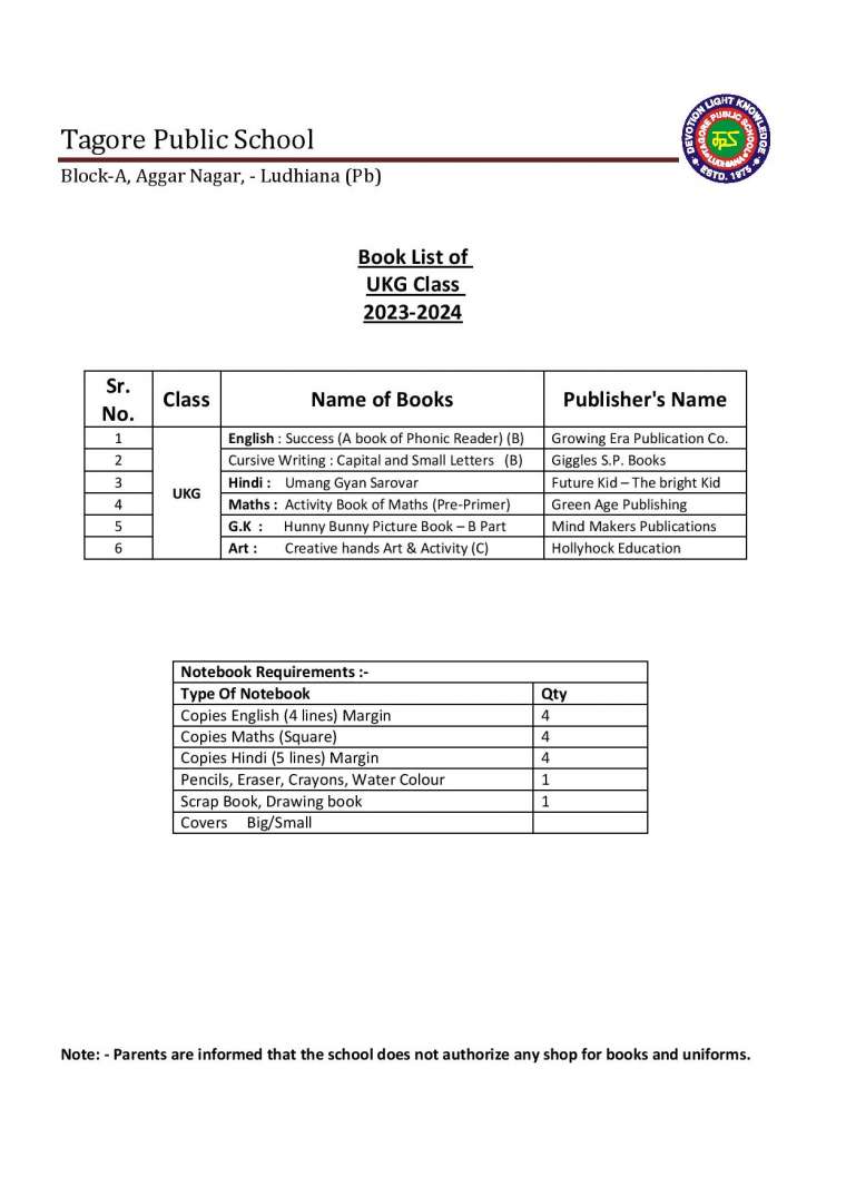 Book List of UKG Class 2023-2024