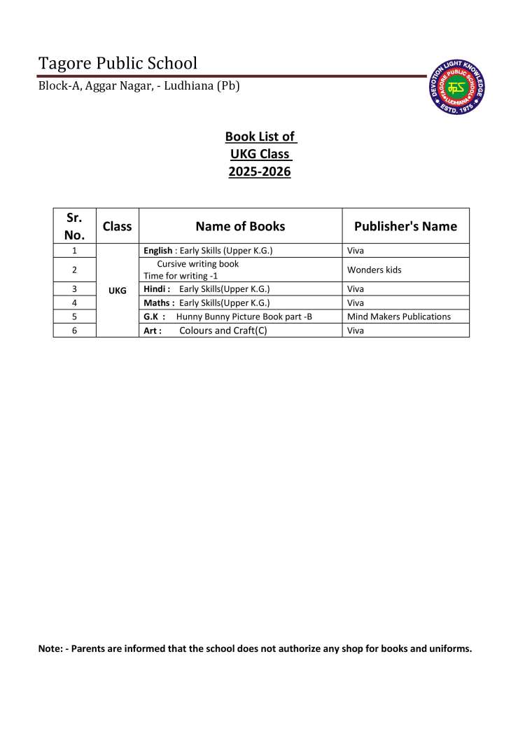 Book List of UKG Class 2025-2026