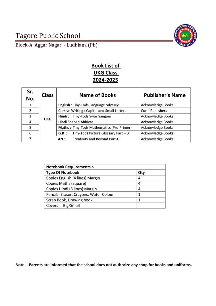 Book List of UKG Class 2024-2025