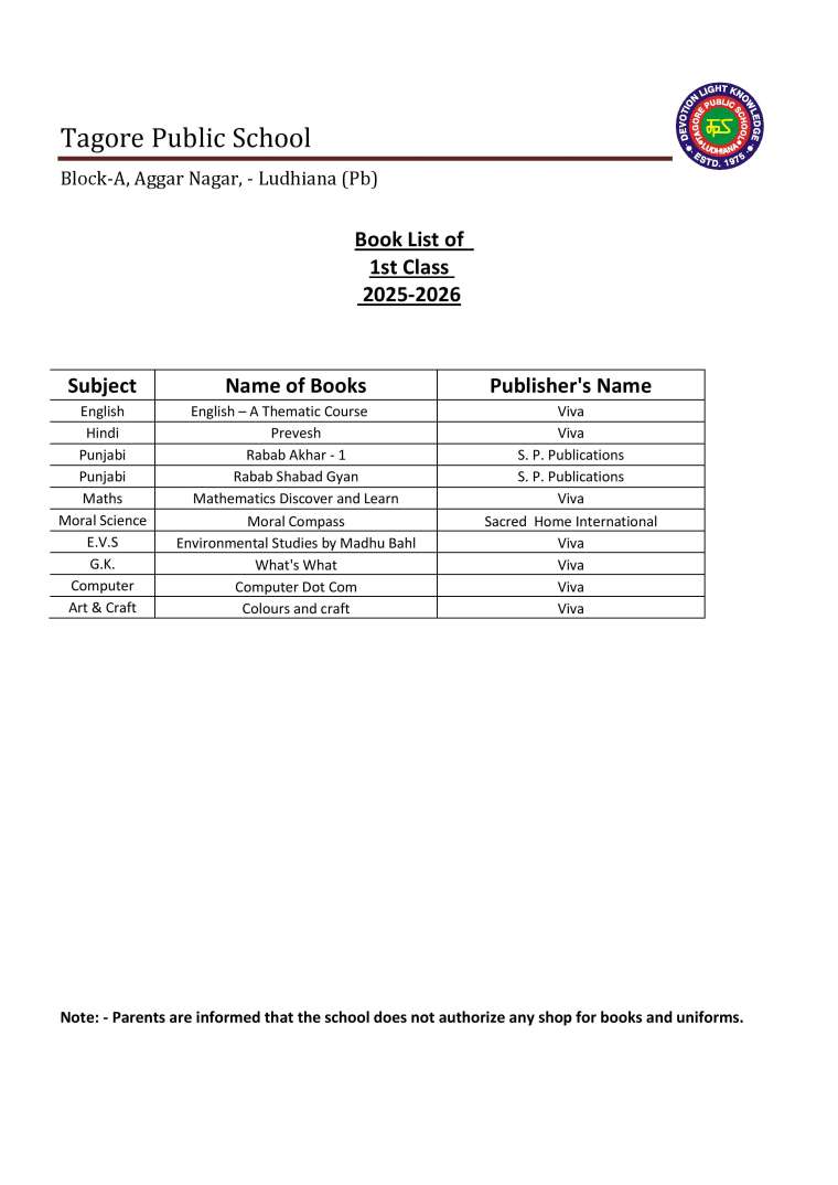 Book List of  1st Class 2025-2026