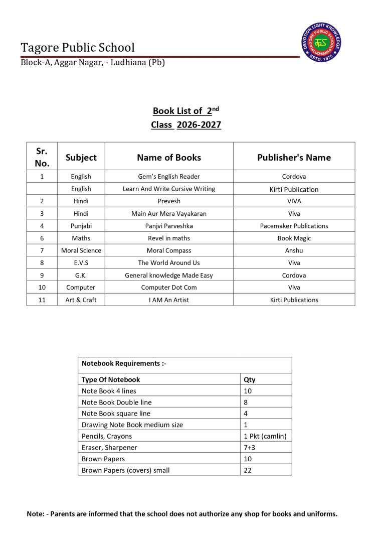 Book List of  2nd Class 2026-2027