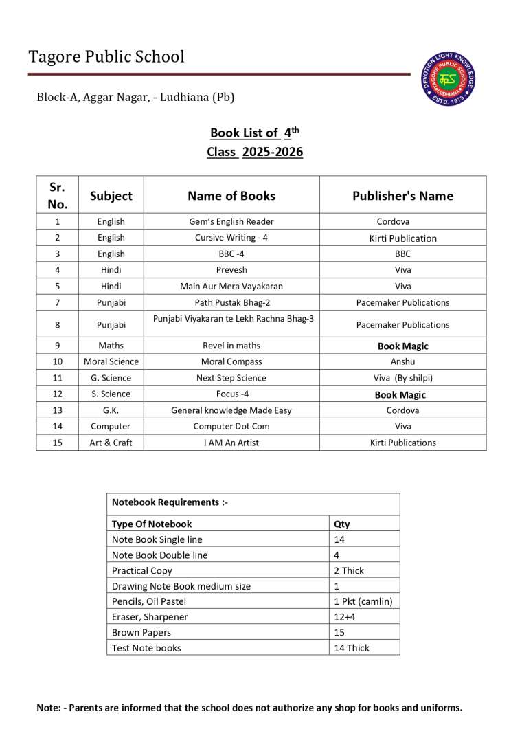 Book List of 4th Class 2026-2027