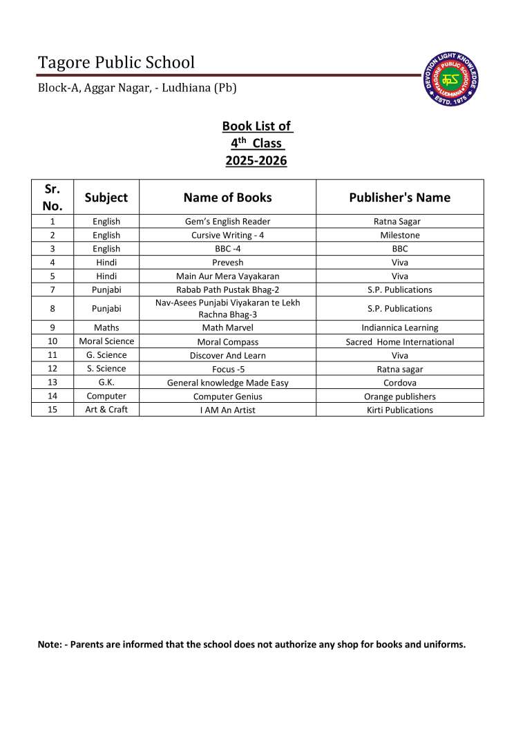 Book List of 4th Class 2025-2026